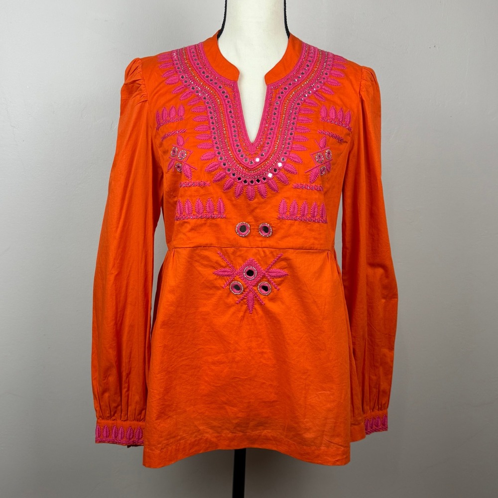 Tory Burch Tunic Top Womens 8 Orange Pink Embroidered Mirror Embellished Boho